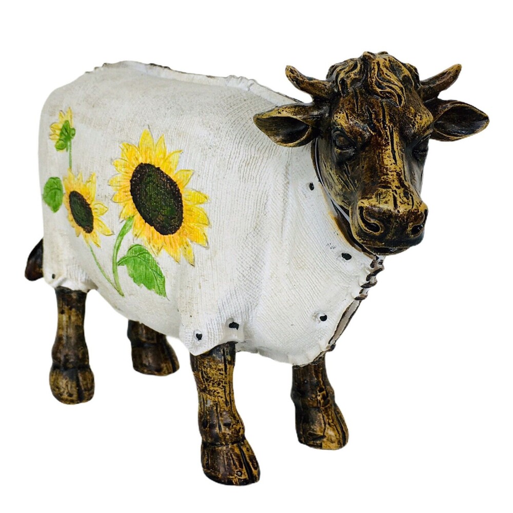 Vintage Farmhouse Dairy Cow Sunflower Cottage Flowers Statue Figurine Farm Decor